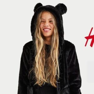 H&M Black Faux Fur Teddy Bear Coat/Jacket with Ear Flaps